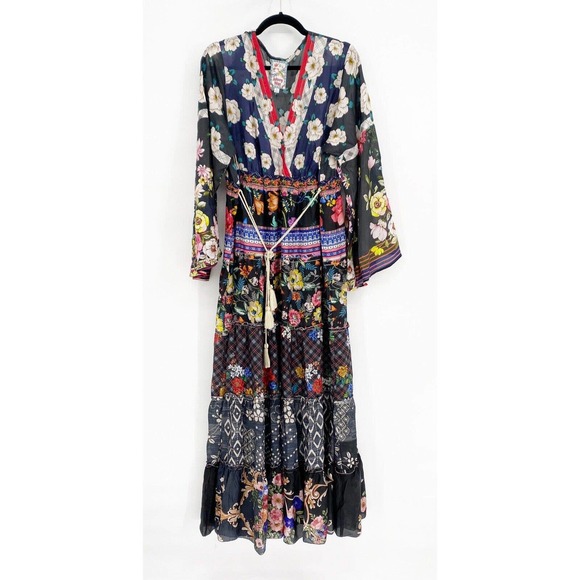Johnny Was Dresses & Skirts - Johnny Was Silk Dunas Maxi Dress XL Long Sleeve Patchwork Floral Belted V Neck